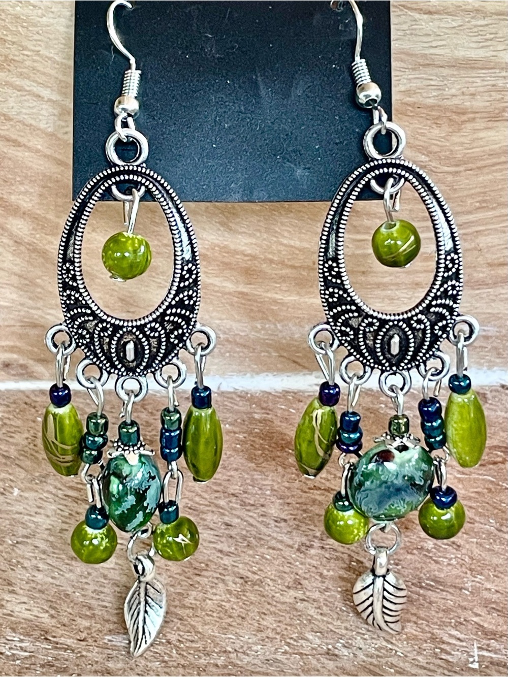 Boho Handcrafted Green Bead and Silver Filigree Dangle Earrings with Leaf Charms